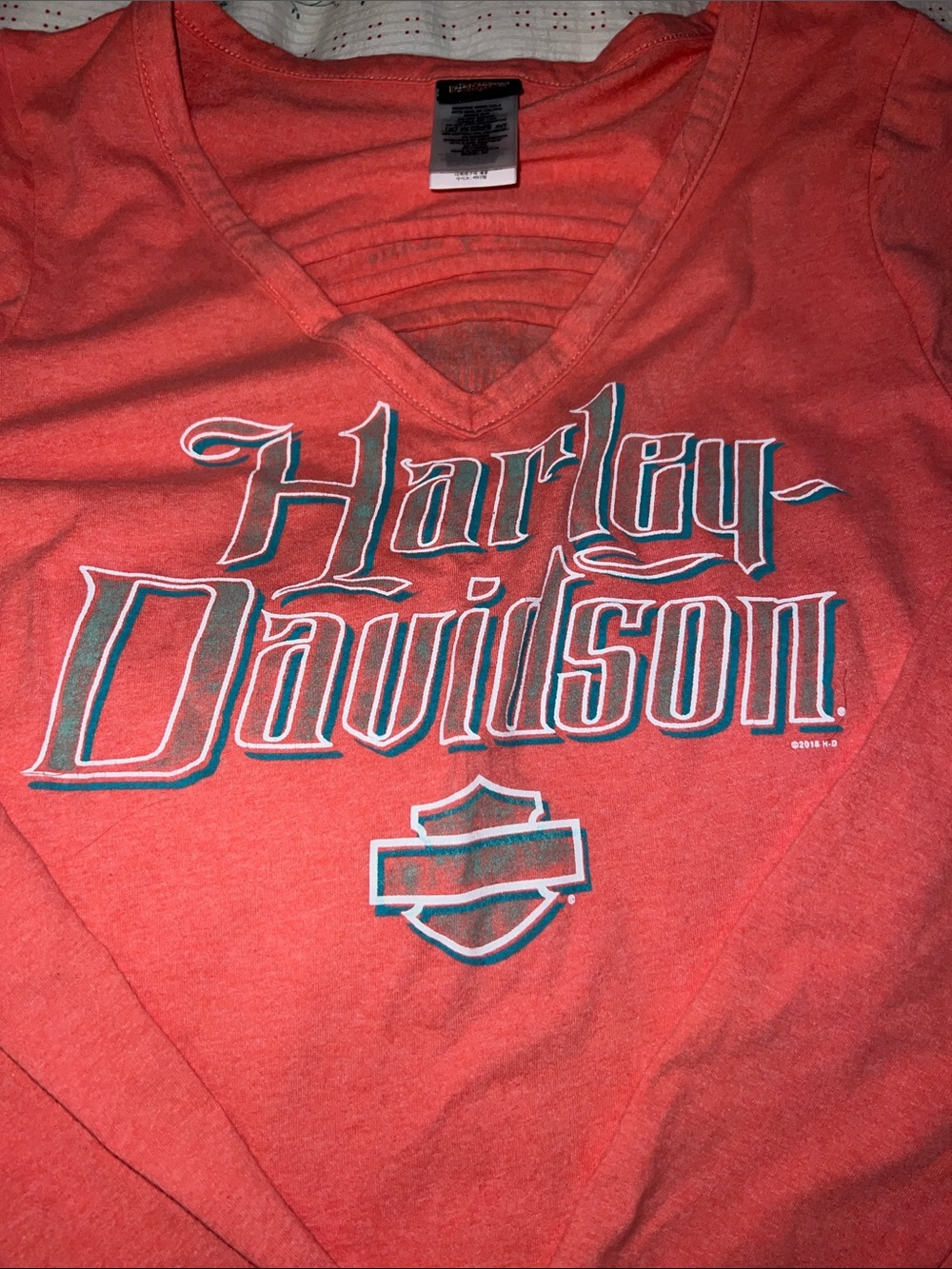 Y2K Harley-Davidson Coral V-Neck Tee with Teal and White Logo